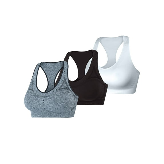 Hanes Sport Women's Seamless Racerback Sports Bra, 3-Pack Black/White/Grey L