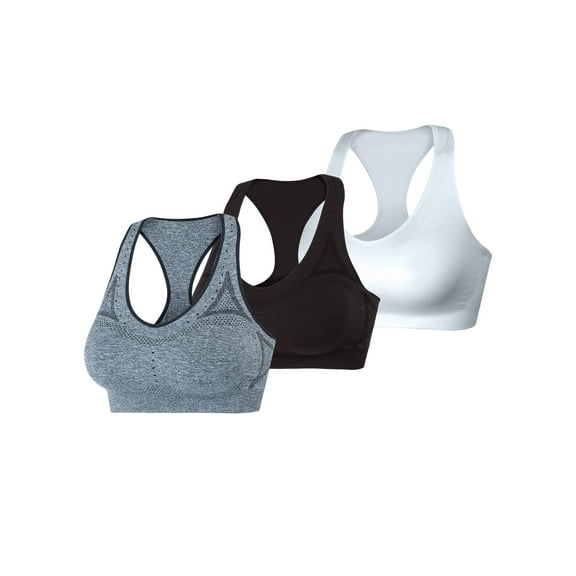 Hanes Sport Women's Seamless Racerback Sports Bra, 3-Pack Black/White/Grey S