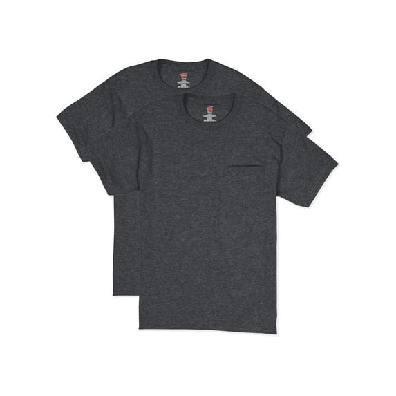 Hanes T-Shirt 2-Pack Pocket Tee Short Sleeve Men Lay Flat Collar Value sz S-2XL