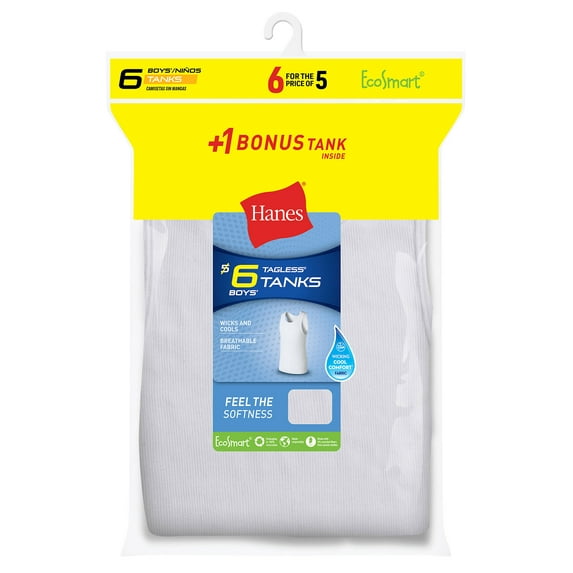 Hanes Tank 6-Pack Boys EcoSmart (Includes 1 Free Bonus) Undershirt Underwear White XS