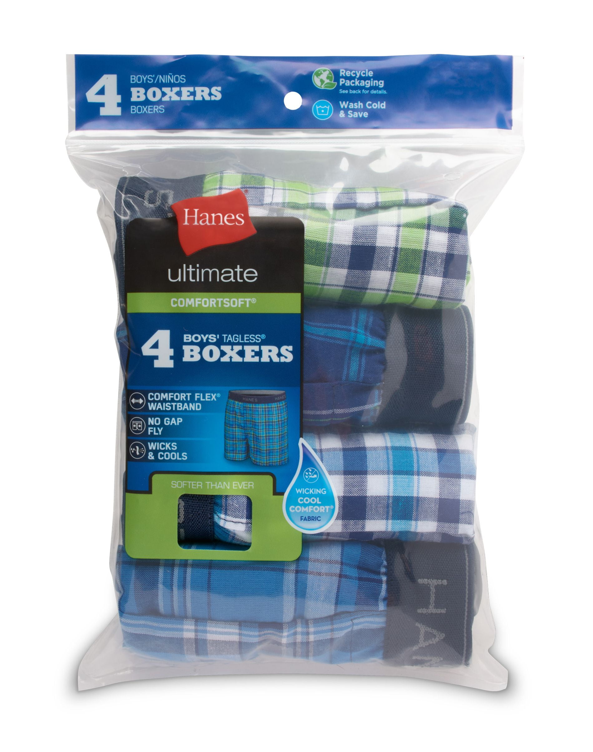 Hanes Ultimate® Boys' Plaid Woven Boxers 4-Pack BU835Y - Plaids - L