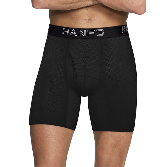 Hanes Ultimate Comfort Flex Fit Men's Lightweight Mesh Boxer Brief Underwear, Black/Grey/Blue, 4-Pack Assorted XL