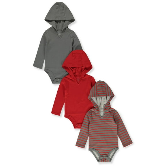 Hanes, Ultimate Flexy Hoodie Long Sleeve Bodysuit, Babies and Toddlers, 3-Pack, Red/Grey Stripe, 0-6 Months