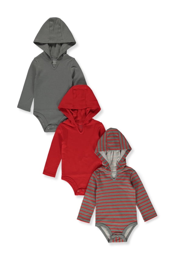 , Ultimate Flexy Hoodie Long Sleeve Bodysuit, Babies and Toddlers, 3-Pack, Red/Grey Stripe, 0-6 Months