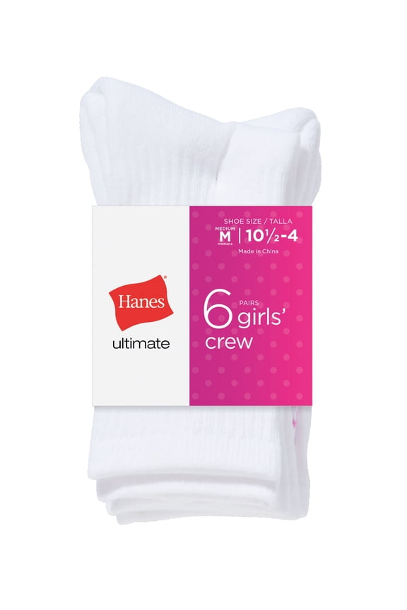 Ultimate Girls' White Crew Socks, 6-Pairs L