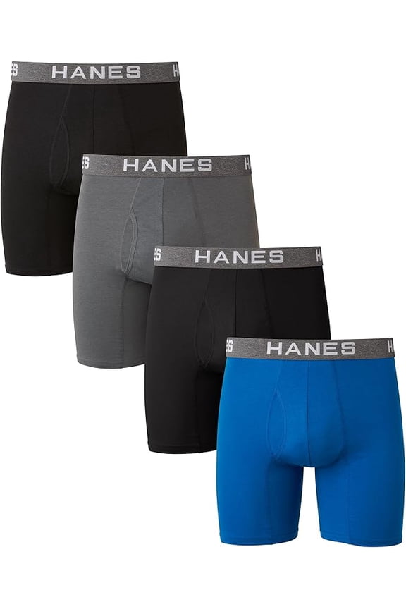 Ultimate Men's Comfort Flex Fit Boxer Briefs, Ultra Soft Cotton Modal Blend, Black/Grey/Blue-4 Pack, Large