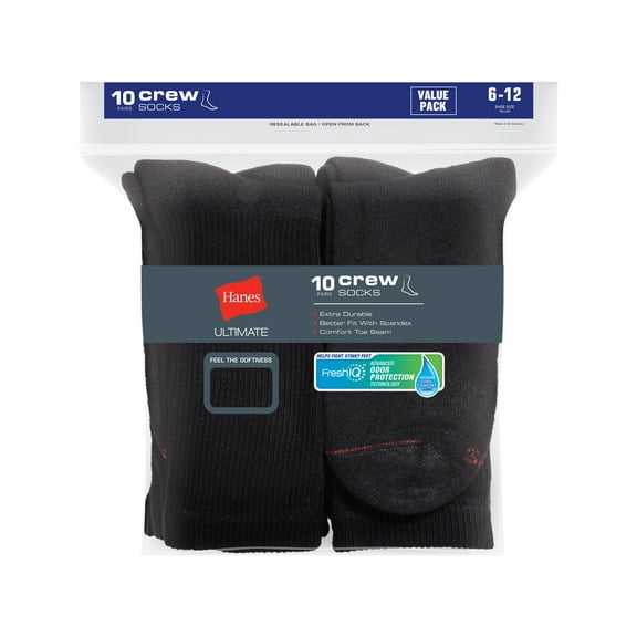 Hanes Ultimate Men's Cushion Crew Socks 10-Pack Black 6-12
