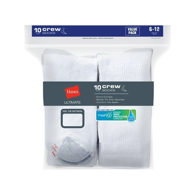 Hanes Ultimate® Men's Cushion Crew Socks 10Pack, FreshIQ, Comfort Toe