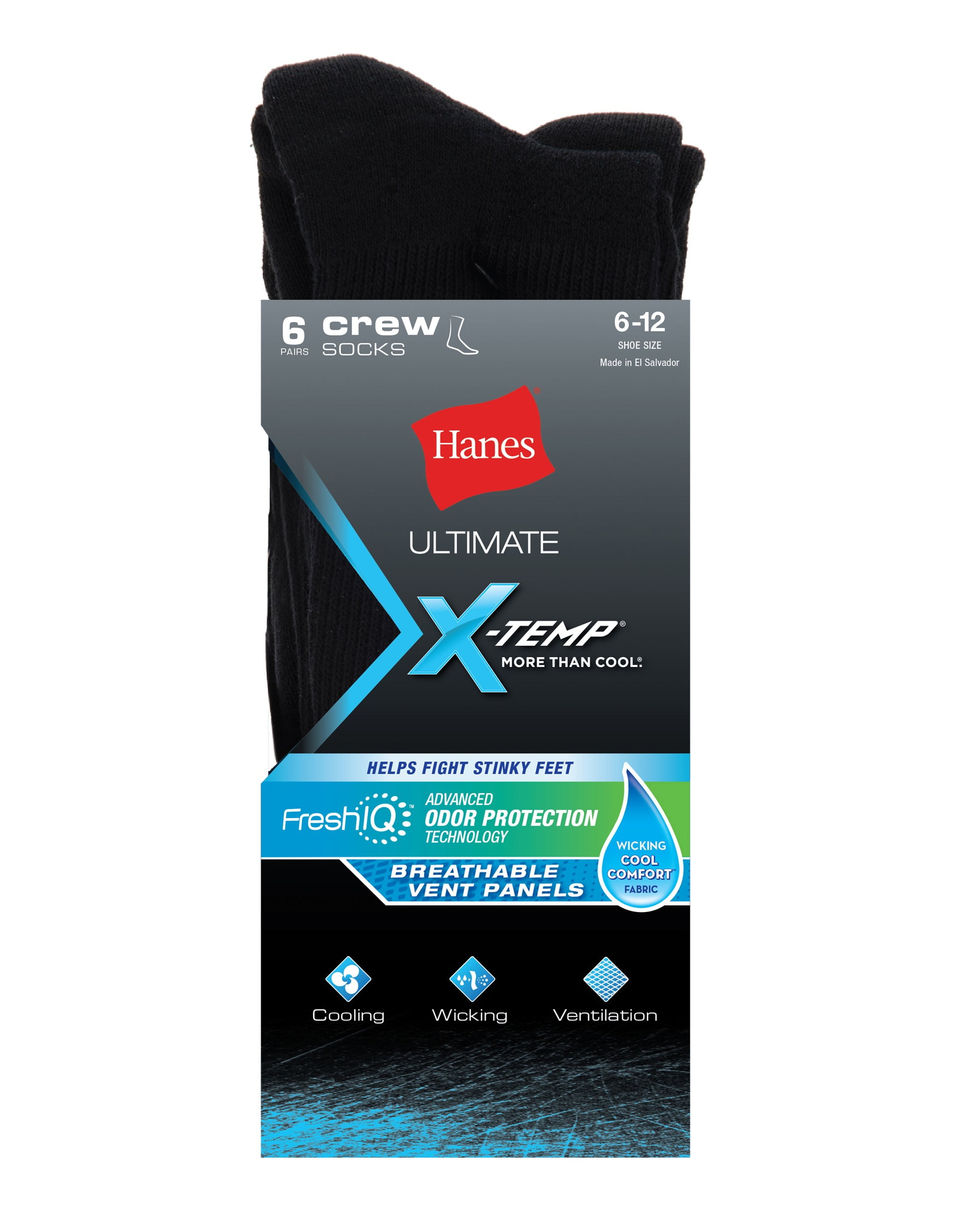 Hanes Ultimate® Men's XTemp® FreshIQ® Black Crew Socks 6Pack 612