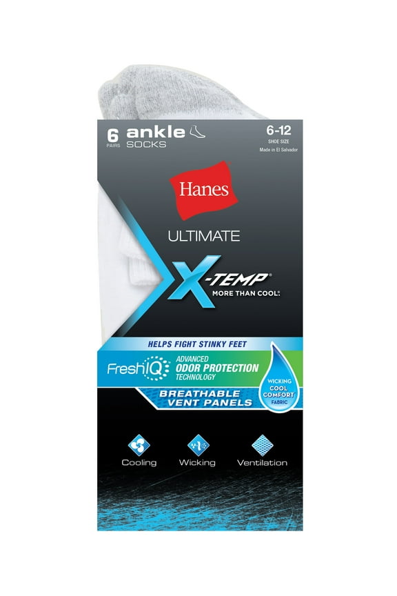 Ultimate Men's X-Temp FreshIQ™ White Ankle Socks 6-Pack 6-12