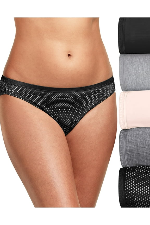 Ultimate Women's Breathable Cotton Bikini Underwear, 6-Pack Black/Concrete/Light Buff/Moonlit Sky Grey/Static Dots 6