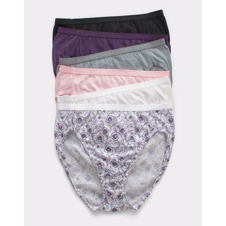Hanes Ultimate Women's Breathable Hi-Cut Underwear, 6-Pack Sugar Flower  Pink/White/Concrete Heather/Black/Purple Vista Heather/Purple Floral Print  10