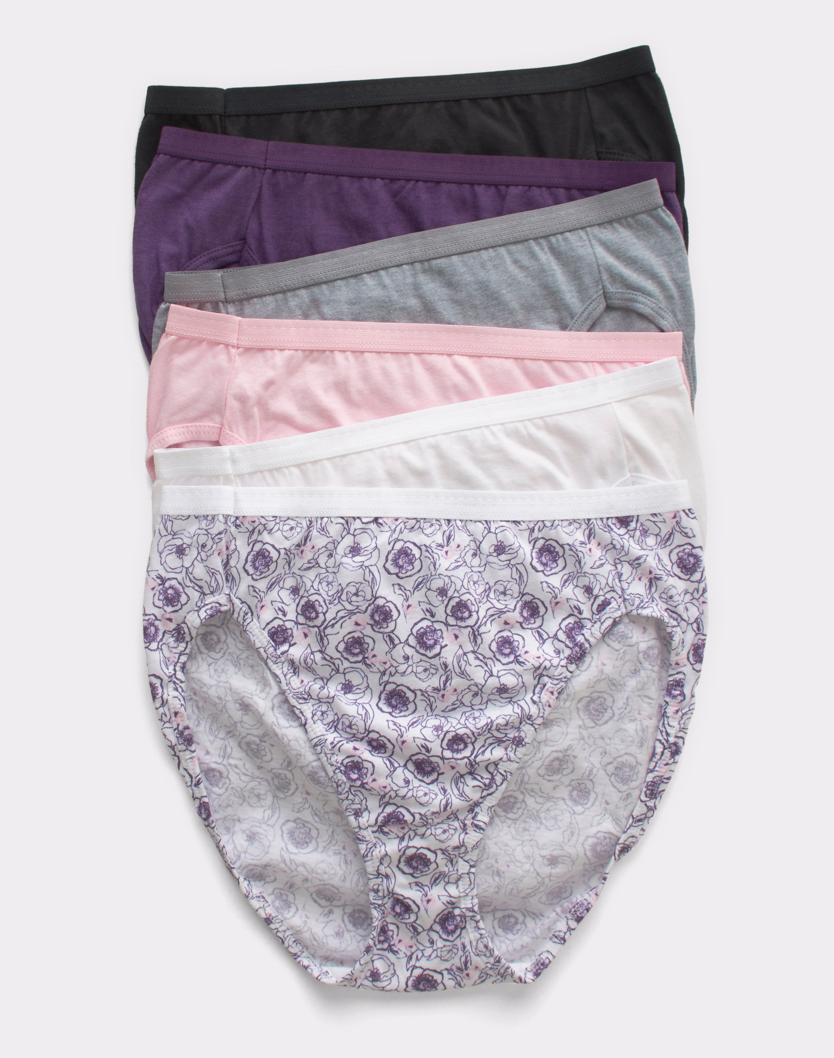Hanes Ultimate Women's Breathable Hi-Cut Underwear, 6-Pack Sugar Flower  Pink/White/Concrete Heather/Black/Purple Vista Heather/Purple Floral Print 7