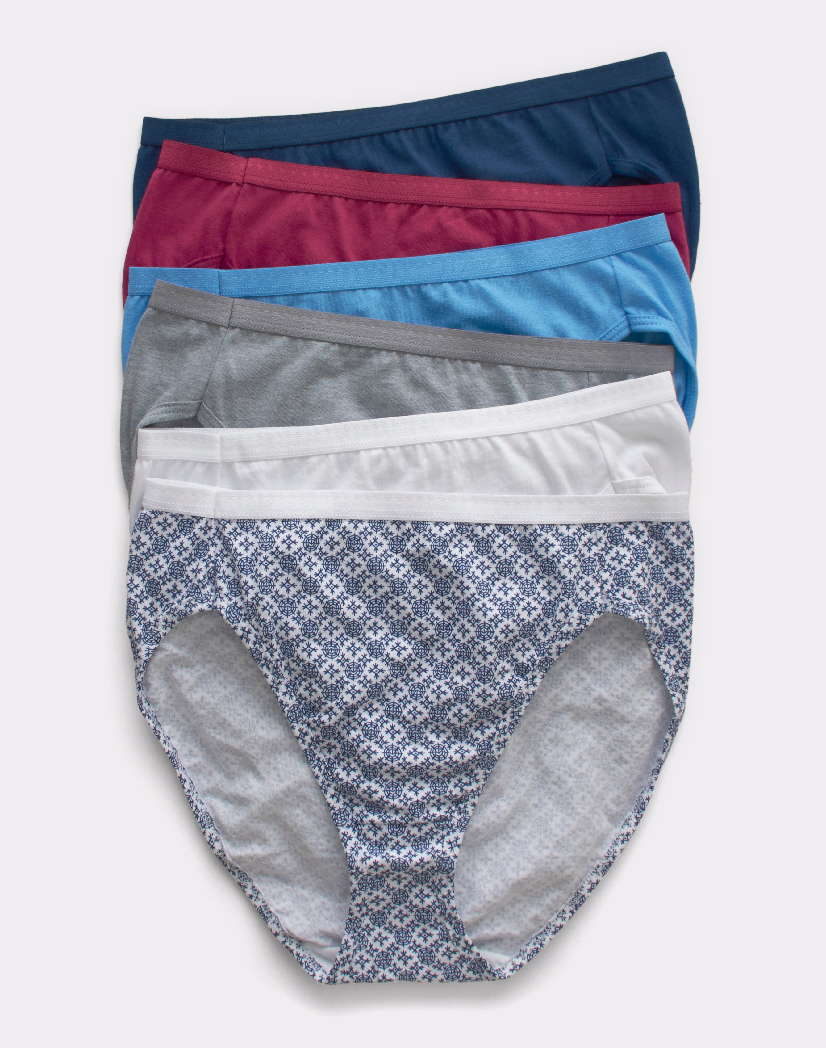 Hanes Ultimate Women's Breathable Hi-Cut Underwear, 6-Pack Swiss  Blue/White/Concrete Heather/Fresh Berry/Navy Eclipse/ Crochet Boho Print 8  