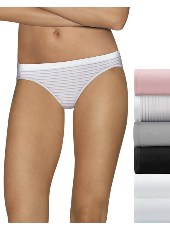 Hanes Ultimate® Women's Comfort Cotton Bikinis 6-Pack (Includes 1 Free Bonus Bikini) White/White/Sugar Flower Pink/Sugar Sweet Stripe/Grey Heather/...