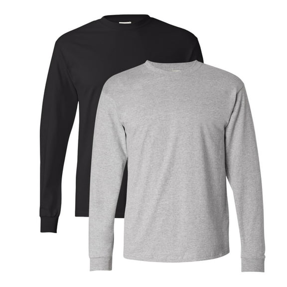 Hanes Unisex Authentic Long Sleeve T-Shirt 100% Cotton Heavyweight Crewneck Classic Tee (Light-Steel+Black-2PCS, M)