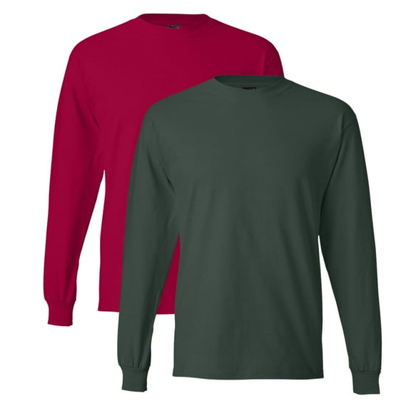Hanes Unisex Beefy-T Long Sleeve T-Shirt, Crewneck Tee Shirts 100% Ring-spun Cotton Long Tees (Deep Red+Deep Forest 2 Pack, L)