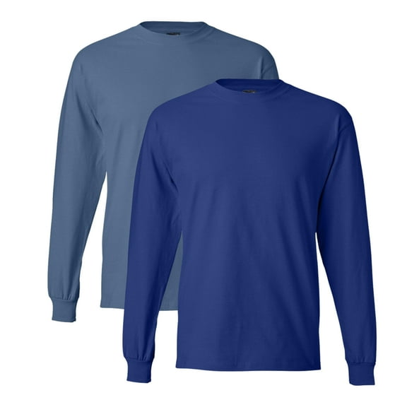 Hanes Unisex Beefy-T Long Sleeve T-Shirt, Crewneck Tee Shirts 100% Ring-spun Cotton Long Tees (Denim Blue+Deep Royal 2 Pack, L)