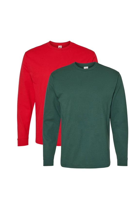 Unisex Essential Long Sleeve T-Shirt 100% Cotton Classic Fit Plain Basic Tee (Athletic-Red+Athletic-Dark-Green-2PCS, L)
