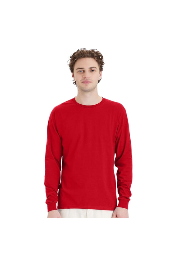 Unisex Essential Long Sleeve T-Shirt 100% Cotton Classic Fit Plain Basic Tee (Athletic-Red, L)