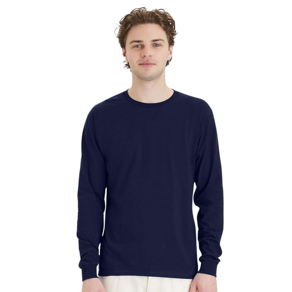 Hanes Unisex Essential Long Sleeve T-Shirt 100% Cotton Classic Fit Plain Basic Tee (Navy, S)