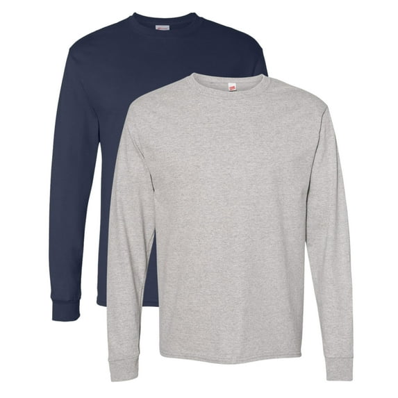 Hanes Unisex Essential Long Sleeve T-Shirt 100% Cotton Classic Fit Plain Basic Tee (Oxford-Grey+Nav-2PCS, M)