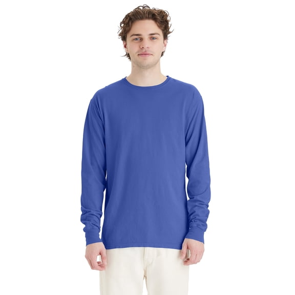 Hanes Unisex Garment Dyed Long Sleeve Cotton T-Shirt Deep Forte Blue 2XL