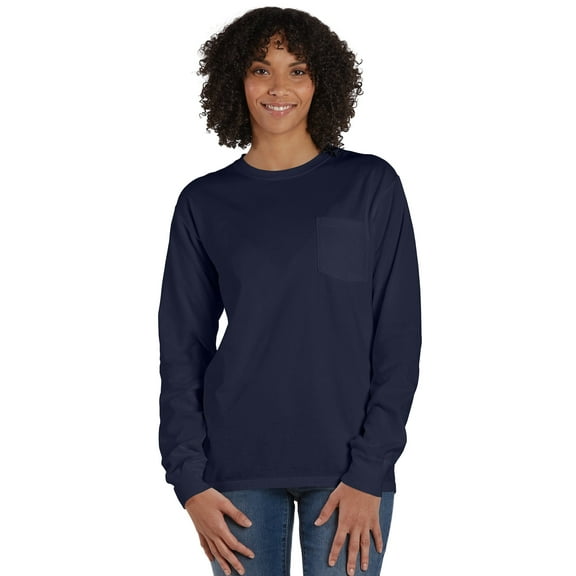 Hanes Unisex Garment Dyed Long Sleeve Pocket T-Shirt Navy M