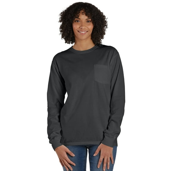 Hanes Unisex Garment Dyed Long Sleeve Pocket T-Shirt New Railroad Gray L