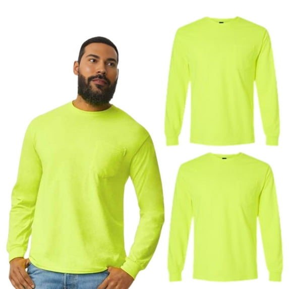 Hanes Unisex High Visibility Long Sleeve Pocket T-Shirt, Hi Vis Reflective Work Safety Tee (Safety-Green 2 Pack, 3XL)