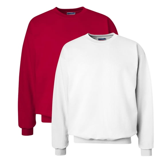 Hanes Unisex Ultimate Cotton Crewneck Sweatshirt 90/10 Cotton/Polyester Fleece Cozy Comfort Sweater (White Red 2PCS, XL)