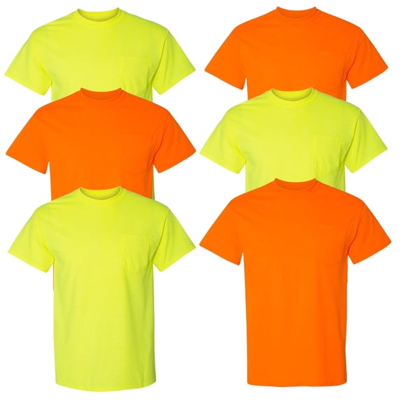 Hanes Unisex Workwear High Visibility Pocket T-Shirt, Polyester/Ring-Spun Cotton/Rayon Hi Vis Short Sleeve Tee (Safety Green + Safety Orange 6 Pack, L)