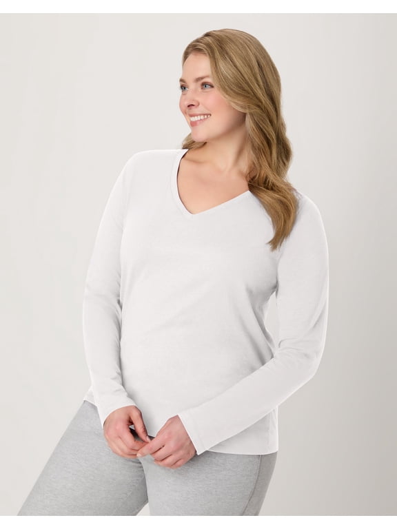 Women's Long Sleeve Cotton V-Neck T-Shirt White XL