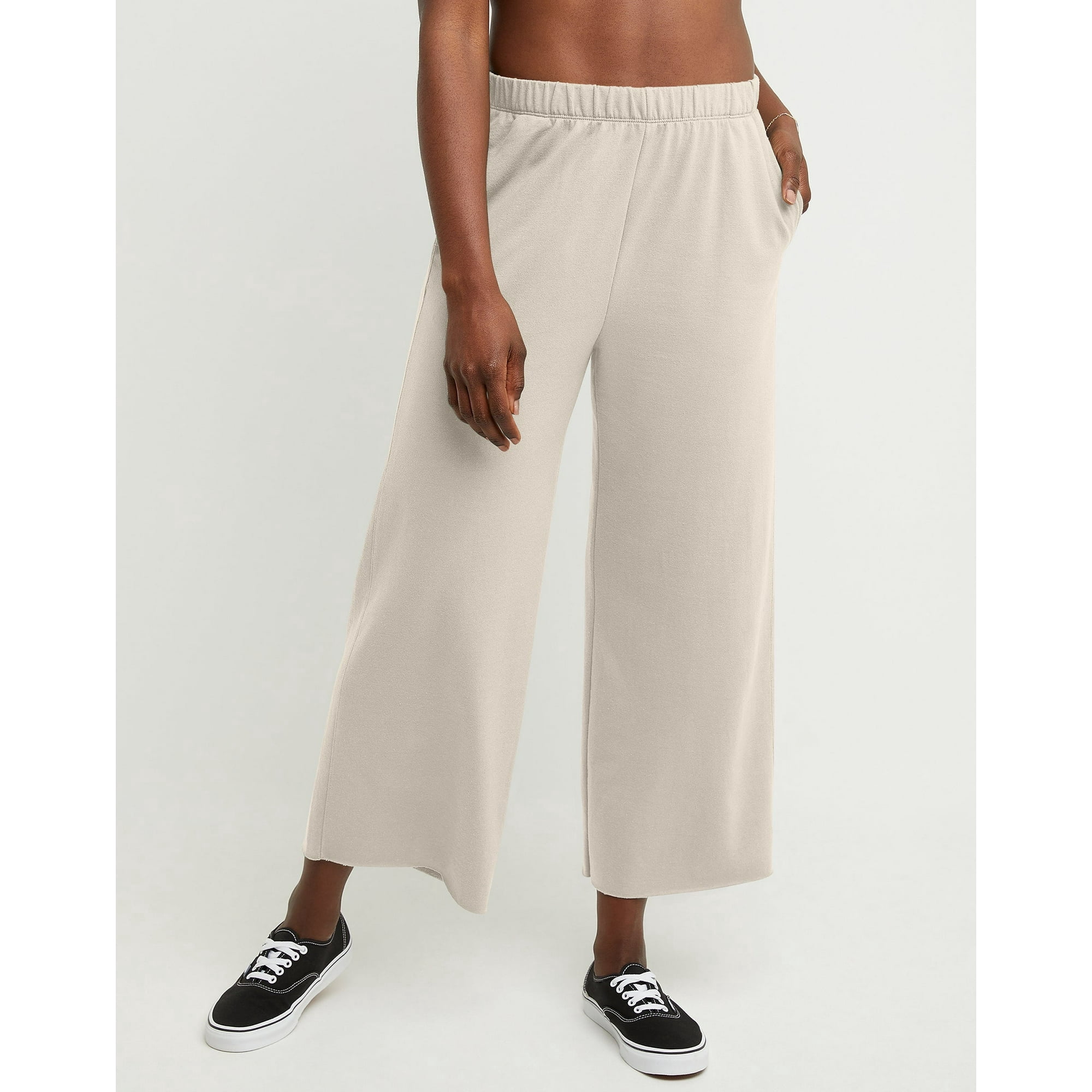 Hanes Women's French Terry Wide Leg Crop Pants with Side Pockets