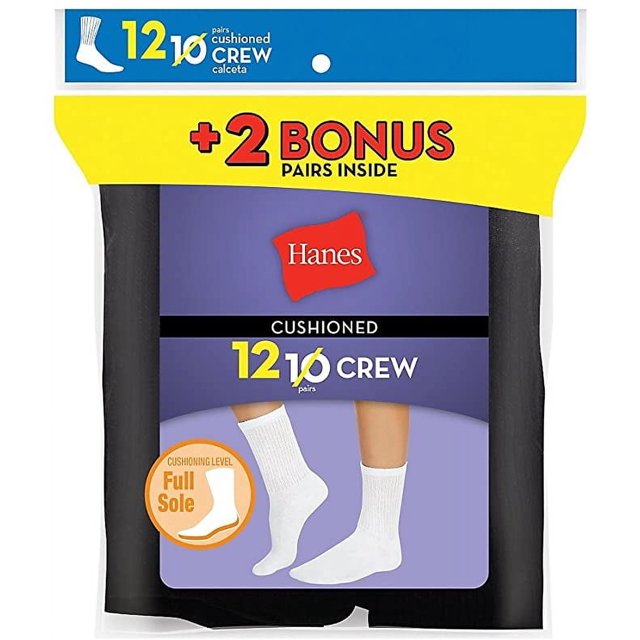 Hanes Women 12Pack Cushion Crew Socks, Size 812, Black for Females