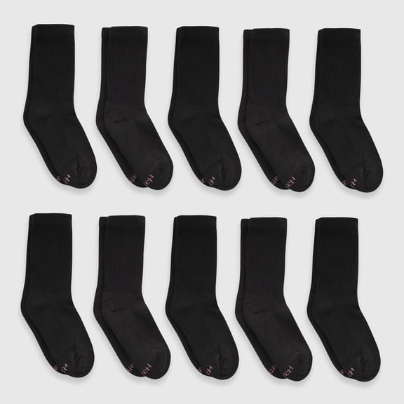 Hanes Women's Athletic Crew Socks, Full Sole Cushion, 10-Pairs Black 5-9