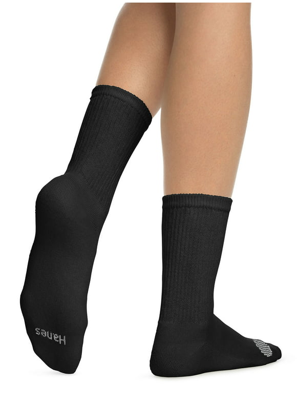 Hanes Women's Breathable Cushioned Crew Socks, Comfort Toe Seam, Extended Sizes 8 - 12, 6-Pairs Black w/White Vent 8-12