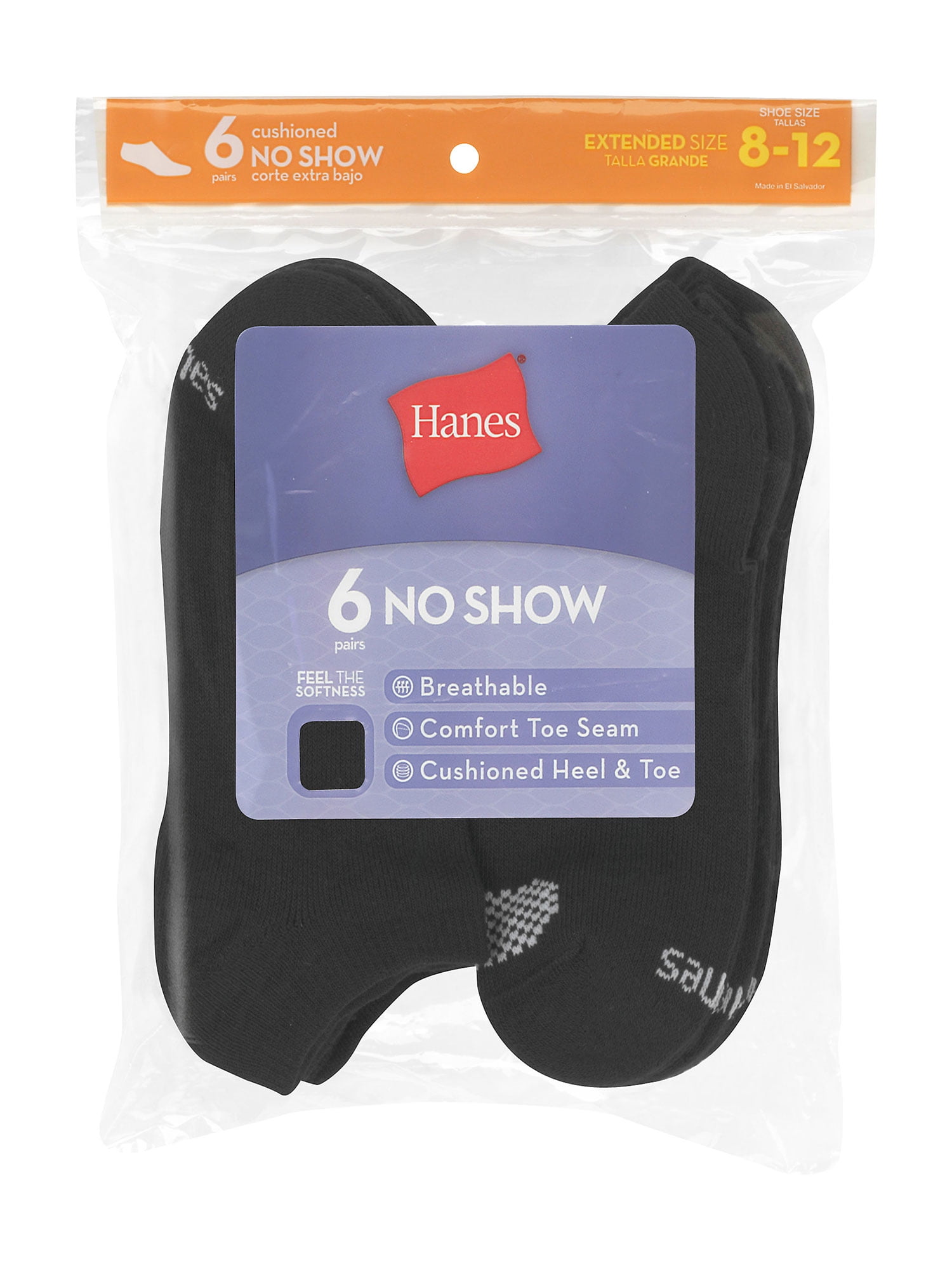Hanes Women's Breathable No Show Socks, Extended Sizes, 6Pairs Black w/White Vent 812