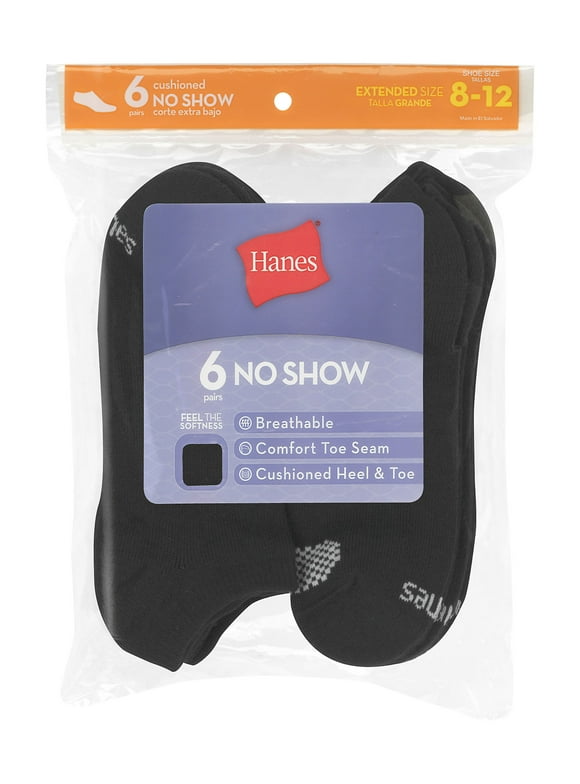 Hanes Women's Breathable No Show Socks, Extended Sizes, 6-Pairs Black w/White Vent 8-12