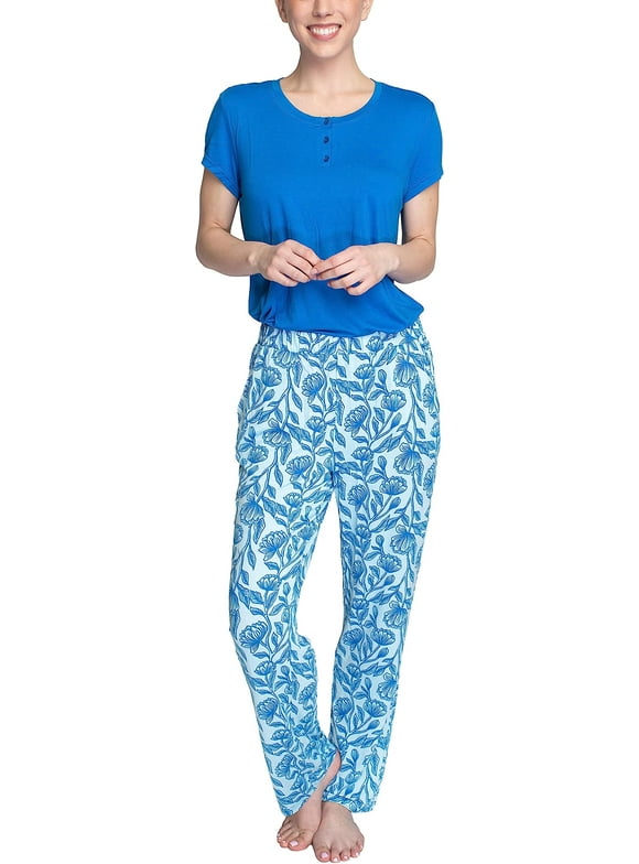 Hanes Women's Comfort Sleep Feather Knit Pajama Set, Lounge PJ Sleep Set, Blue/Floral, 1X