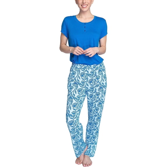 Hanes Women's Comfort Sleep Feather Knit Pajama Set, Lounge PJ Sleep Set, Blue/Floral, 2X