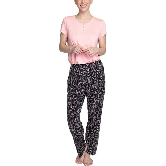 Hanes Women's Comfort Sleep Feather Knit Pajama Set, Lounge PJ Sleep Set, Blush/Vines, Small