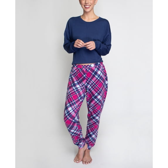 Hanes Women's Comfort Sleep Legacy Rib Knitted Top And Jogger Bottom Pajama Set, Blue/Tartan, Small