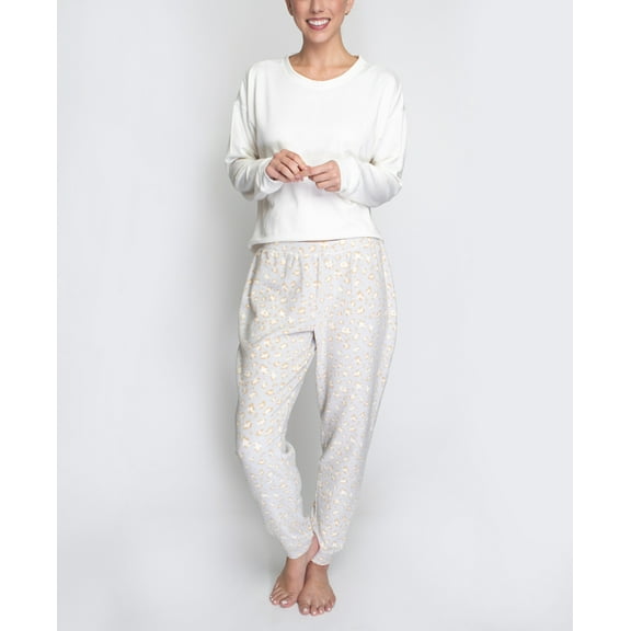 Hanes Women's Comfort Sleep Legacy Rib Knitted Top And Jogger Bottom Pajama Set, Cream/Leopard, 2X