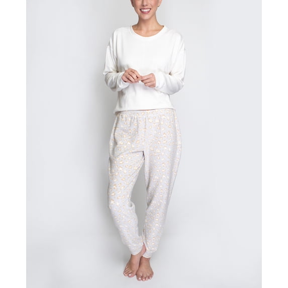 Hanes Women's Comfort Sleep Legacy Rib Knitted Top And Jogger Bottom Pajama Set, Cream/Leopard, Medium