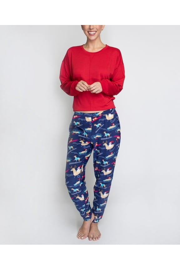 Women's Comfort Sleep Legacy Rib Knitted Top And Jogger Bottom Pajama Set, Red/Dog Sled, 3X