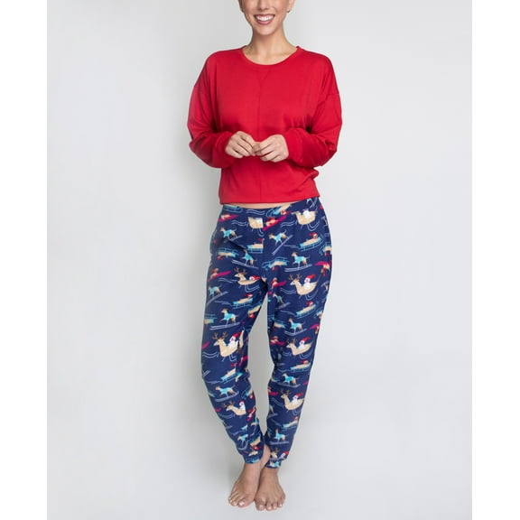 Hanes Women's Comfort Sleep Legacy Rib Knitted Top And Jogger Bottom Pajama Set, Red/Dog Sled, Medium