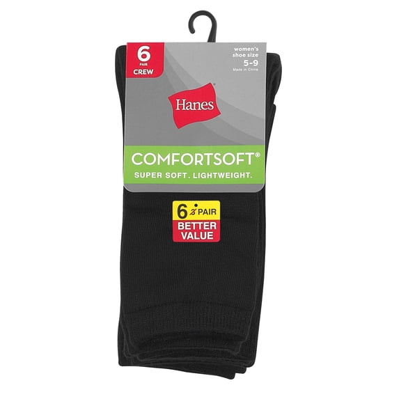 Hanes Women's ComfortSoft® Crew Socks, 6-Pack Black 5-9