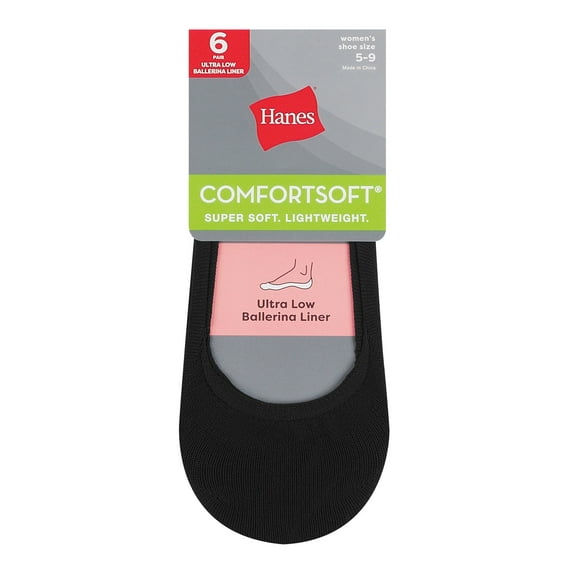 Hanes Women's ComfortSoft® Ultra Low Ballerina Liner, 6-Pack Black 5-9