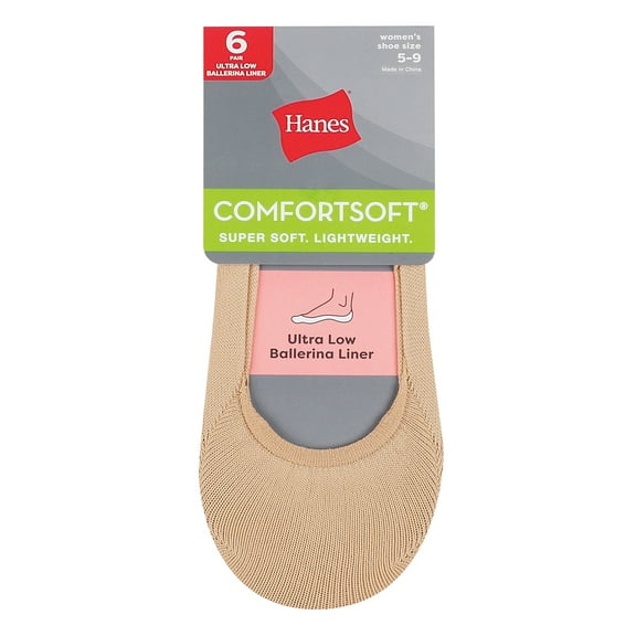 Hanes Women's ComfortSoft® Ultra Low Ballerina Liner, 6-Pack Black/Nude 5-9